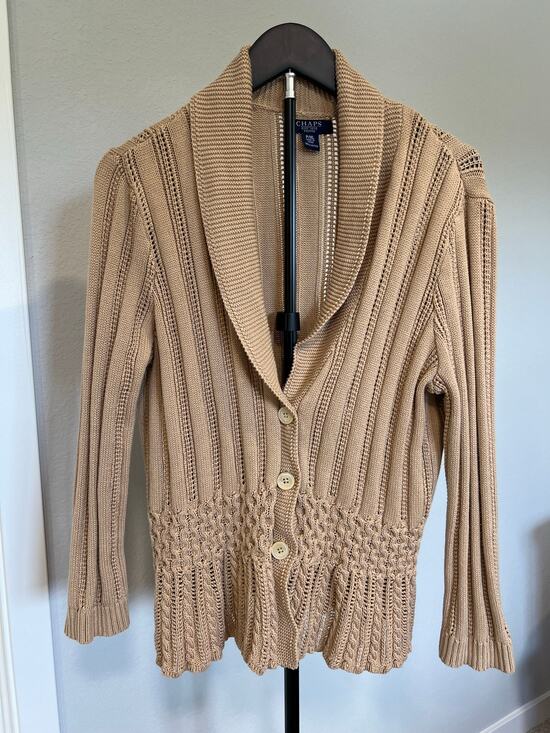 Chaps Sweaters - Chaps Cotton Collar Cable Knit Cardigan Petite XL Cottagecore Coastal Tan